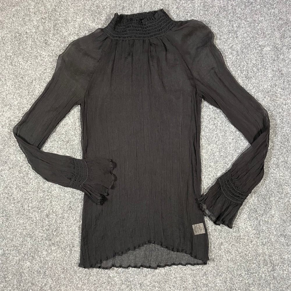 Krisa Blouse Womens XS Black Silk Smocked Mock Neck Long Sleeve K-1810SK